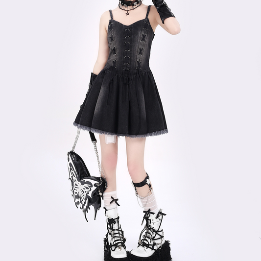 Retro denim tie waist girl dress PA20142