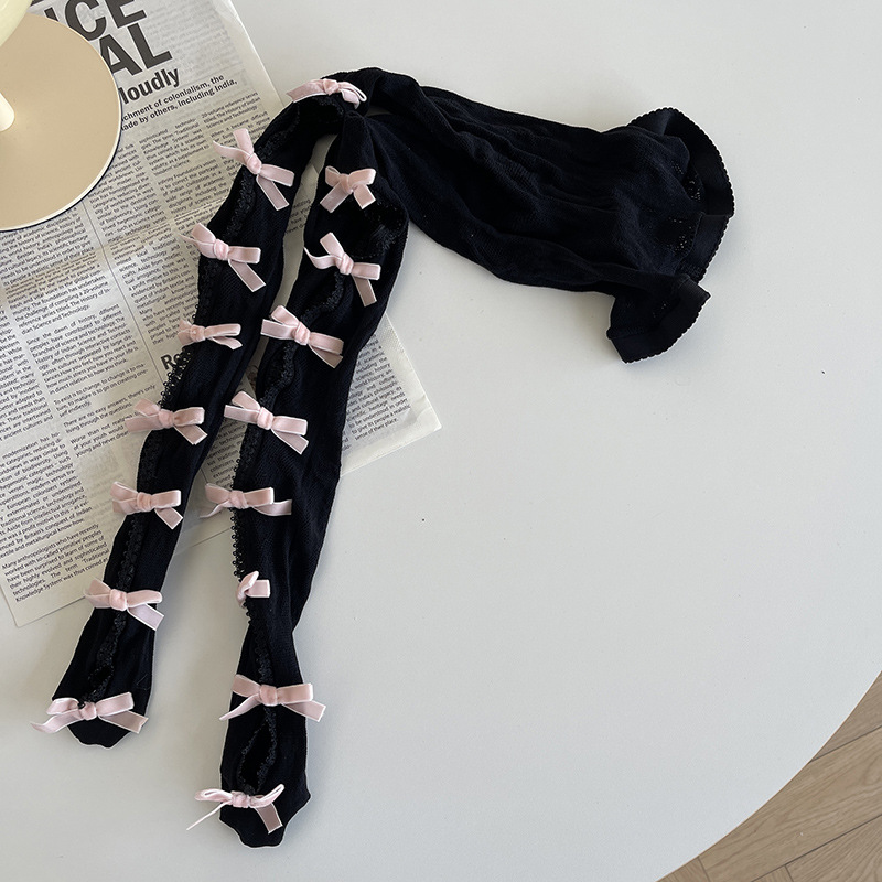Lace flocked bow stockings PA20086