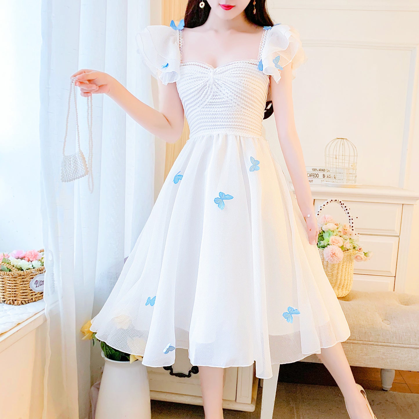 WHITE BUTTERFLY PRINT DRESS PL52286