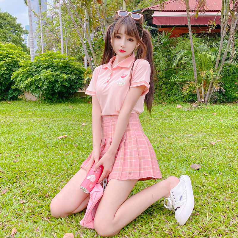 Pink T-shirt + pleated skirt two-piece set PL52282