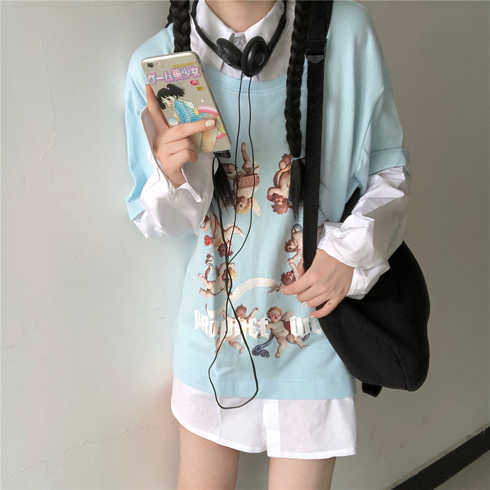 Cute printed fake two-piece T-shirt PL51296