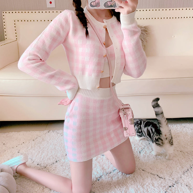 Pink Plaid Knit Set PL52842