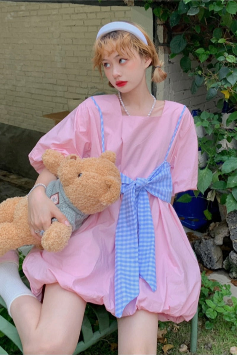 Pink Dress + Bow Knot Plaid Sling Suit PL52701