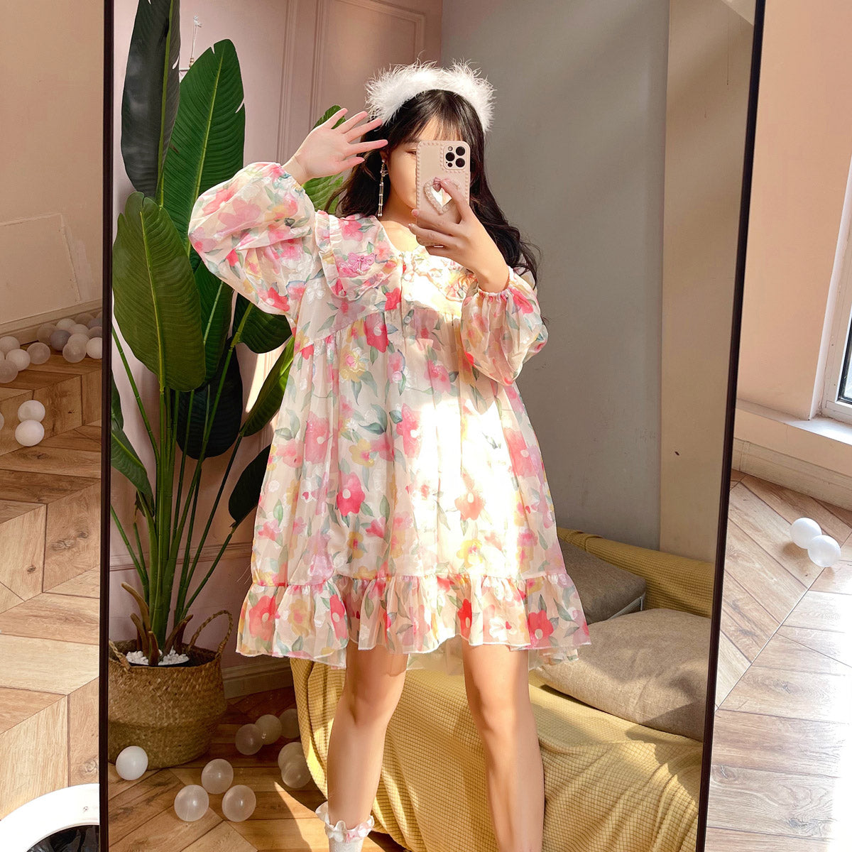 Pink Floral Long Sleeve Dress PL52493