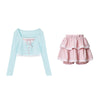 Long Sleeve Lace Square Neck Mint Green Top Pink Cake Skirt Set PL53417