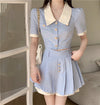 Blue short shirt top + high waist pleated skirt two-piece set PL53504