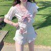 Bowknot Navy Collar Puff Sleeve Top + High Waist Lace Shorts PL53411