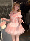 Rosette Embroidery Pink Off-the-shoulder Neckline Dress PL53360