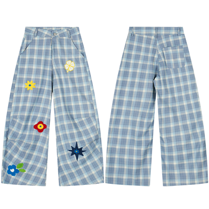 Floral Blue Check Pleated Trousers PA20256