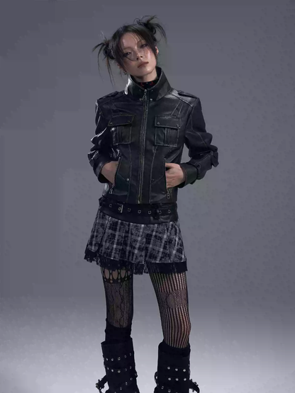 Retro punk motorcycle leather jacket PA20176