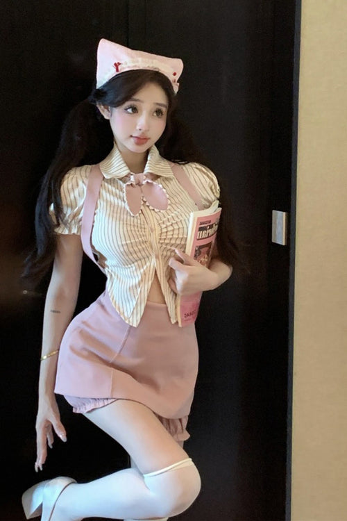 Striped short-sleeved shirt top + high-waist pink suspender skirt PL53424