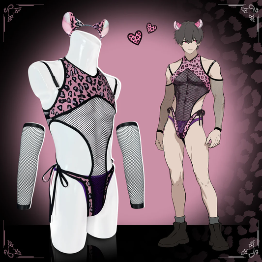 Pre-sale Pink Leopard Fishnet Bodysuit (5-Piece Set) AS62