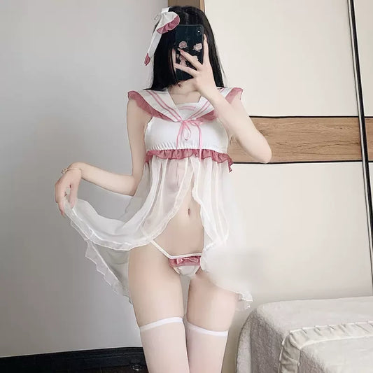 Ribbon sailor collar uniform see-through maid outfit PL53536