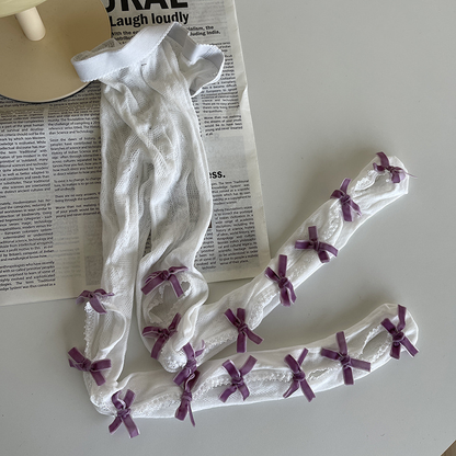Lace flocked bow stockings PA20086