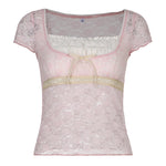 Pink Lace Hollow Square Neck Short Sleeves PL53433
