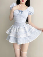 Blue plaid top + high waist tutu skirt two-piece set PL53517