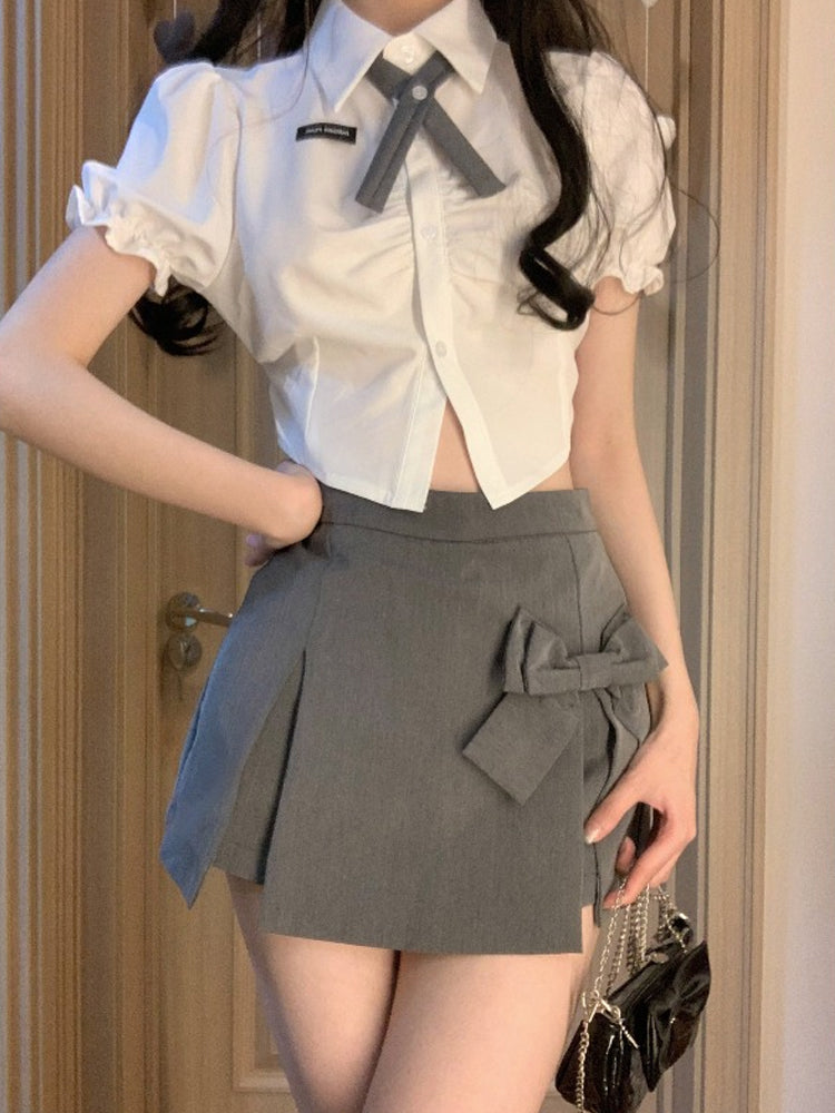 Short hot girl shirt + high waist slit skirt PL53247