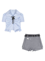 Blue Short Sleeve Striped Shirt+Grey Skirt PL53436