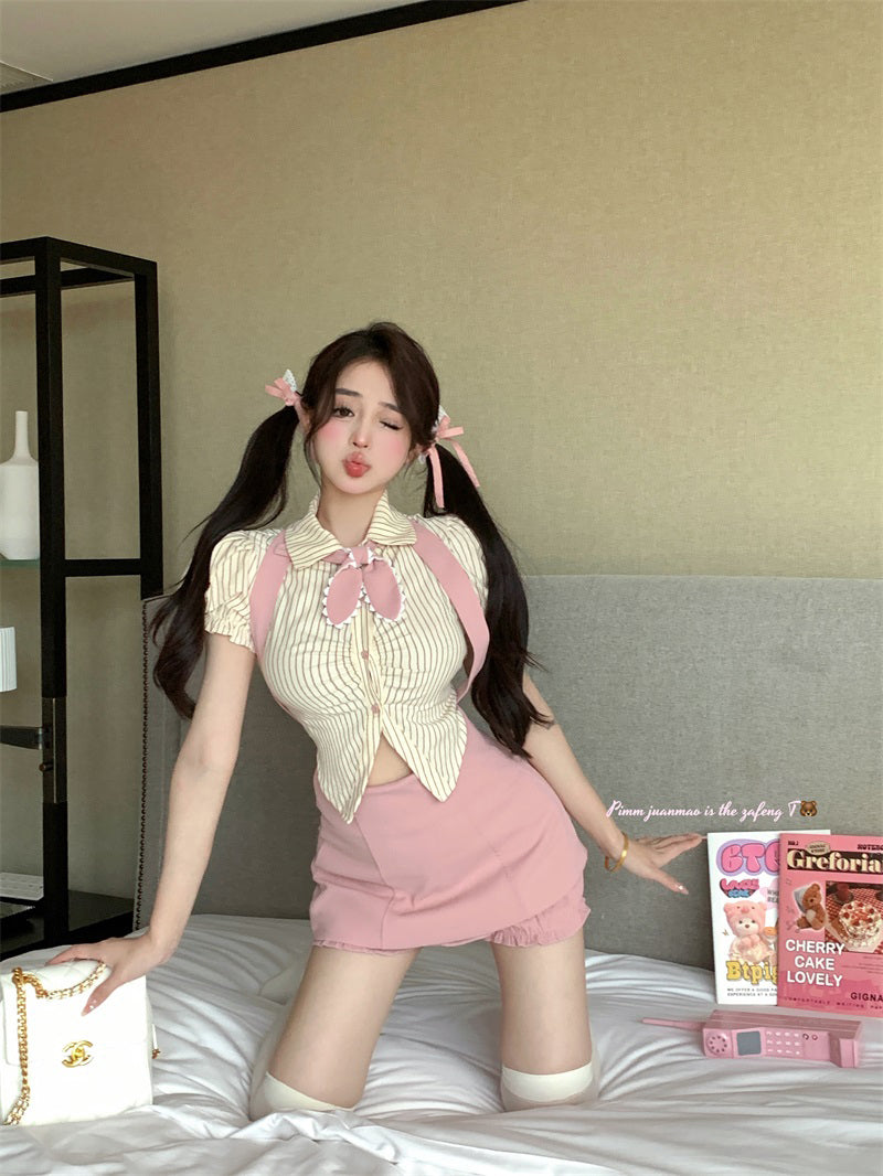 Striped short-sleeved shirt top + high-waist pink suspender skirt PL53424