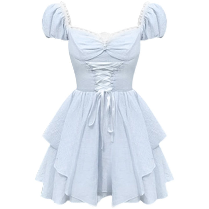 Blue Puff Sleeve Tie Princess Dress PL53366