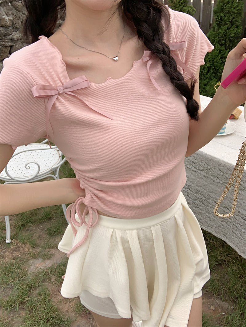 Pink Bow Tie Short Sleeve Top PL53408