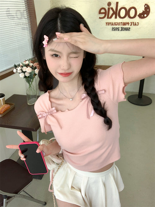 Pink Bow Tie Short Sleeve Top PL53408