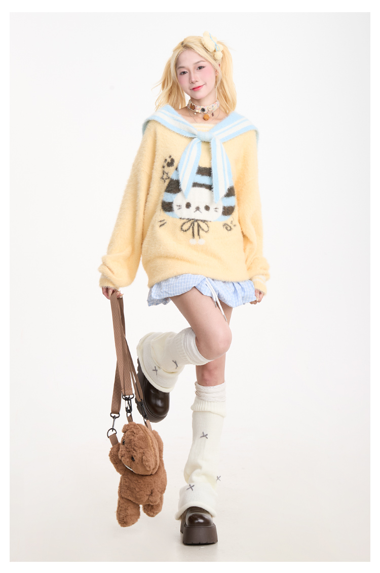 Cat jacquard navy collar sweater PA20162