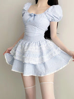 Blue plaid top + high waist tutu skirt two-piece set PL53517