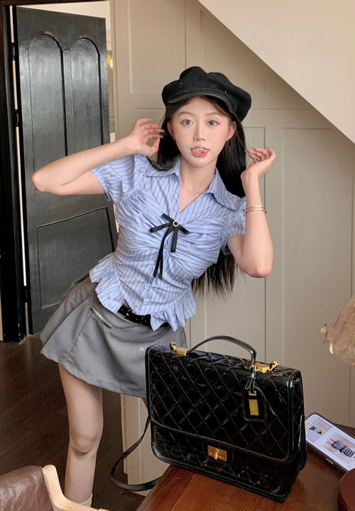Blue Short Sleeve Striped Shirt+Grey Skirt PL53436