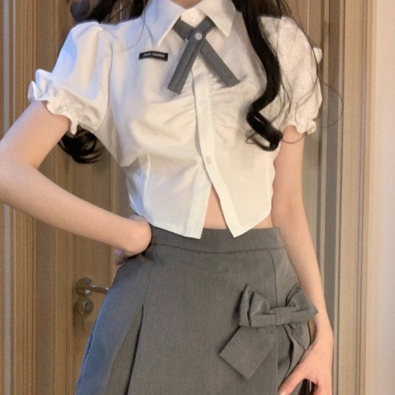 Short hot girl shirt + high waist slit skirt PL53247