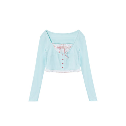 Long Sleeve Lace Square Neck Mint Green Top Pink Cake Skirt Set PL53417