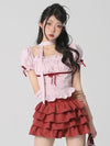 Striped Bow Shirt Red Cake Skirt Two-Piece Set PL53418