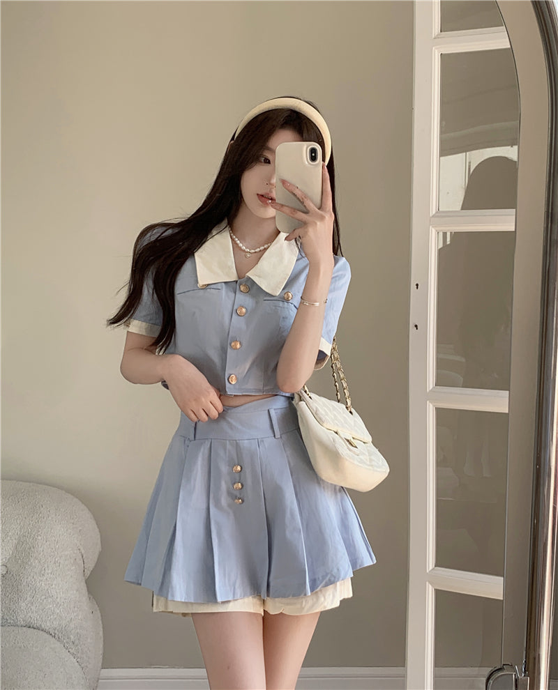 Blue short shirt top + high waist pleated skirt two-piece set PL53504