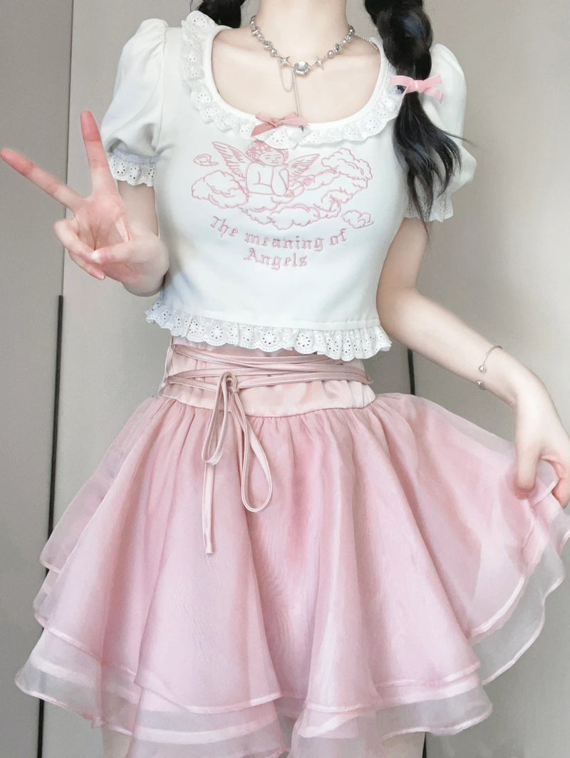 Angel sweet lace T-shirt + tutu skirt PL53362
