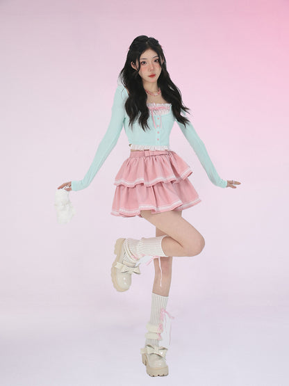 Long Sleeve Lace Square Neck Mint Green Top Pink Cake Skirt Set PL53417