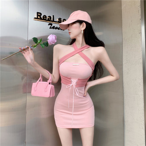 Pink Cross Halter Slip Dress PL53521