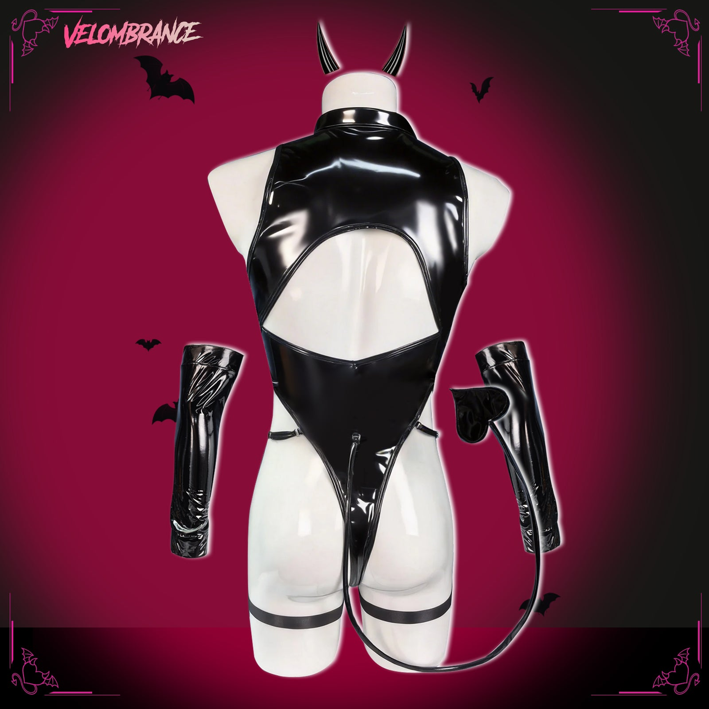 Devil Shiny Leather Strap Bodysuit（4-Piece Set） AS01