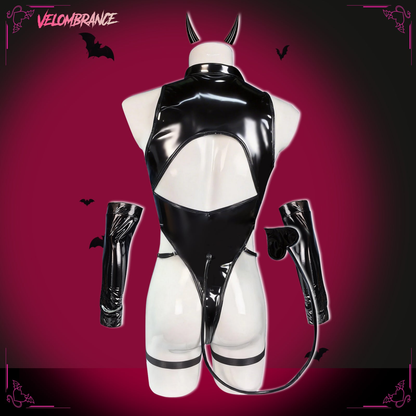 Devil Shiny Leather Strap Bodysuit（4-Piece Set） AS01