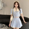 Blue short shirt top + high waist pleated skirt two-piece set PL53504