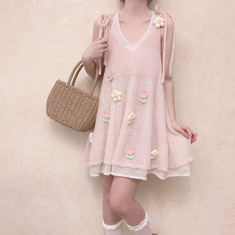 Knitted Floral Slip Dress PL53529