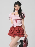 Striped Bow Shirt Red Cake Skirt Two-Piece Set PL53418
