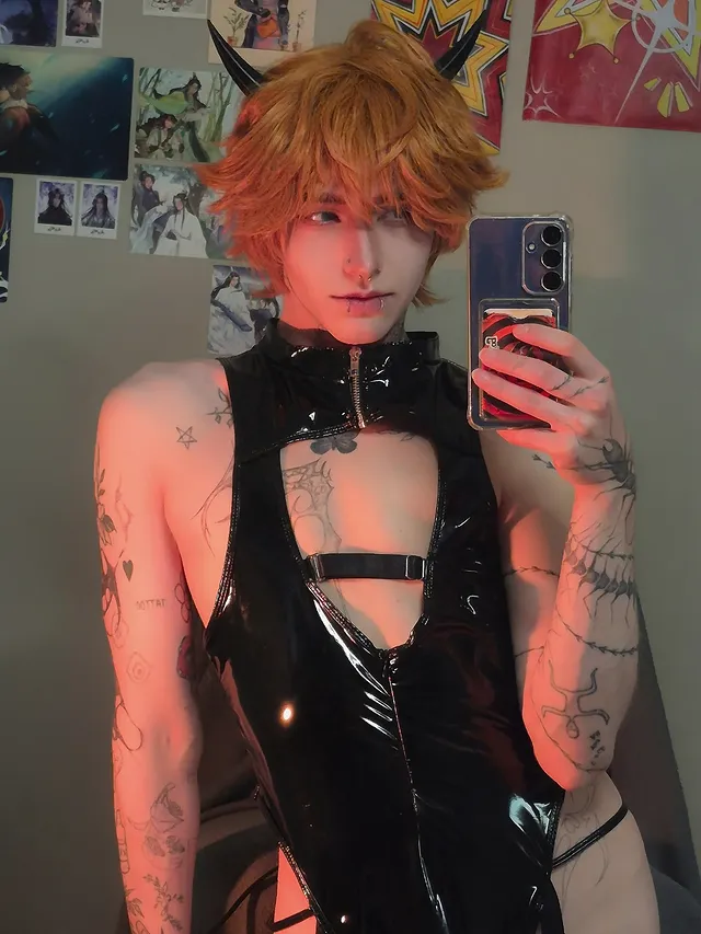 Devil Shiny Leather Strap Bodysuit（4-Piece Set） AS01