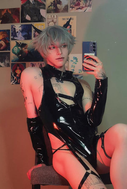Devil Shiny Leather Strap Bodysuit（4-Piece Set） AS01