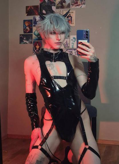 Devil Shiny Leather Strap Bodysuit（4-Piece Set） AS01