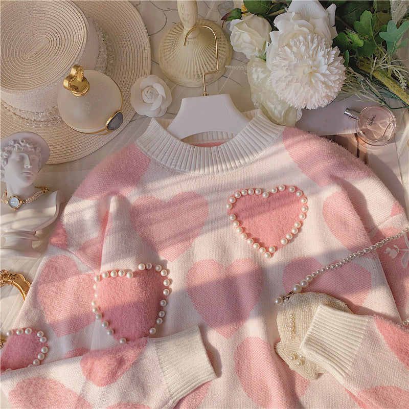 Pink Pearl Heart Knit Sweater PL52772