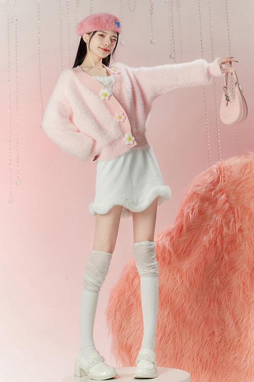 Pink Knitted V-Neck Floral Jacket PL52921