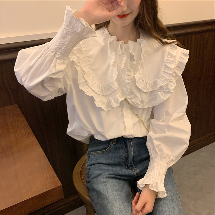 Puff Sleeve Ruffle Collar White Shirt PL53082