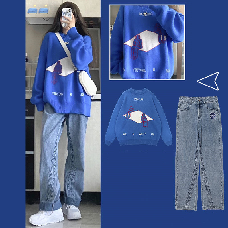 Blue sweater + jeans two-piece set  PL52538