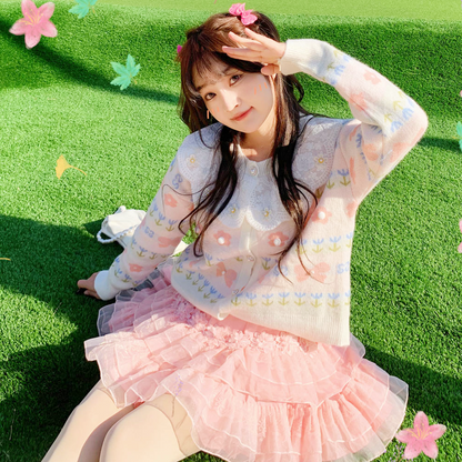 Pink gauze skirt + sweater set PL52792