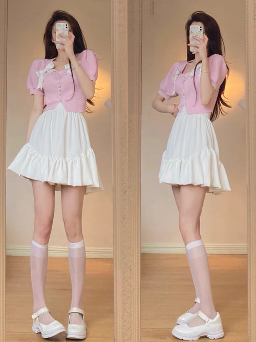 Cute pink top + white skirt PL51924